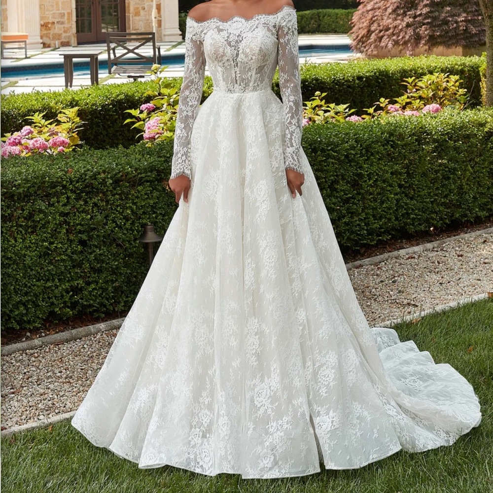 Mori Lee Penelope Off-Shoulder White Lace A Line/Ballgown Wedding dress Sleeves - Picture 1 of 9